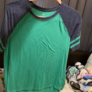 Green tee with blue sleeves